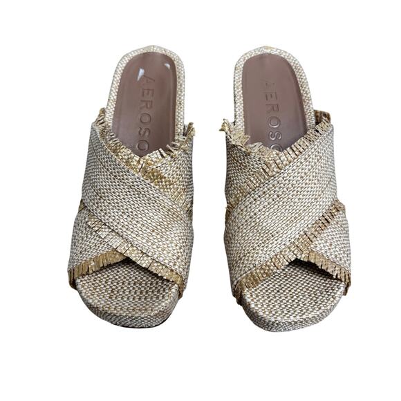AEROSOLES Madina Crisscross Sand Raffia Wedge Cork Heel Sz 7 Boho Resort Vacay - Picture 1 of 5